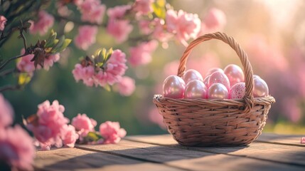 Poster - Pink Easter eggs in a wicker basket near blossoms