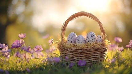 Poster - Easter eggs nestled in a wicker basket amongst wildflowers