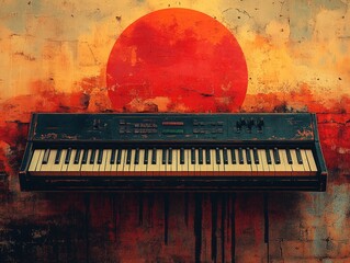 Wall Mural - Worn keyboard, textured wall, red sun.