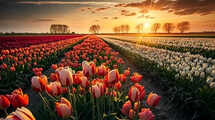 Sticker - Landscape of Netherlands tulips with sunlight day time season.