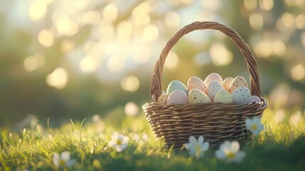 Poster - Easter eggs in a wicker basket nestled in springtime grass