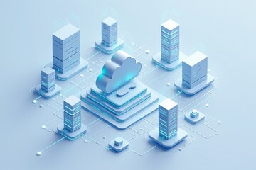 Aufkleber - Cloud computing - A 3D illustration of a cloud computing network, showcasing data servers and interconnected devices in a minimalistic design.