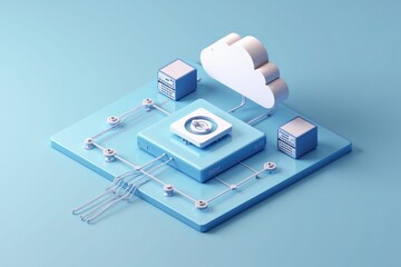 Aufkleber -  3D isometric design of a cloud connected to data servers and nodes, symbolizing efficient and modern IT architecture.