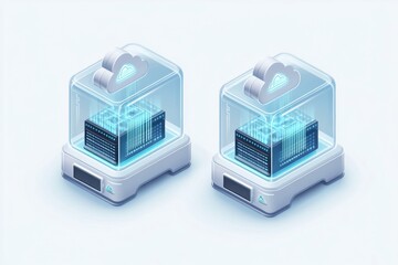 Aufkleber - Isometric 3D illustration of futuristic cloud data storage units encased in glass, glowing with blue technology highlights.