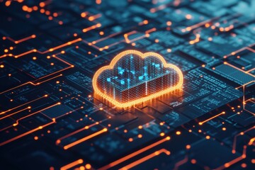 Fototapete - Cloud computing - A 3D illustration of a cloud computing network, showcasing data servers and interconnected devices in a minimalistic design.