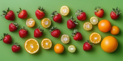 Wall Mural - Colorful composition featuring strawberries, kumquats, and oranges displayed on a vibrant green background, creating a striking visual of fresh fruits for an appealing background.