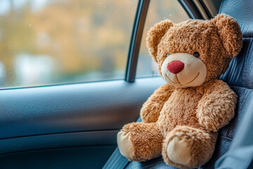 Adorable teddy bear sitting on car seat with autumn background