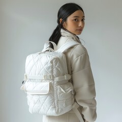 Wall Mural - A young Asian woman carries a white backpack made of quilted down jacket fabric. The background is white.