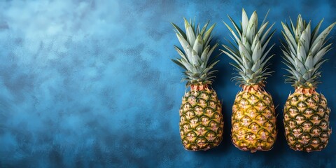 Wall Mural - Fresh pineapple fruit displayed on a blue background, highlighting the vibrant colors and textures of fresh pineapple fruit against a grainy surface. Perfect for showcasing fresh pineapple fruit in