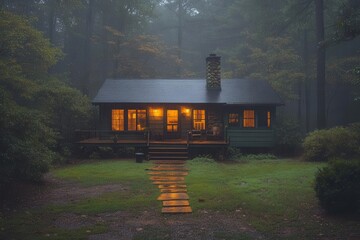 Wall Mural - charming cozy cabin nestled amid a serene rain-drenched landscape, soft light filtering through the trees, creating a warm and inviting atmosphere, radiating comfort and tranquility on a rainy day