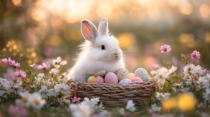 Poster - Fluffy White Bunny Nestled Among Easter Eggs Flowers