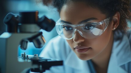 Wall Mural - in a well-equipped laboratory, a dedicated young researcher focuses intensely on her work, observing