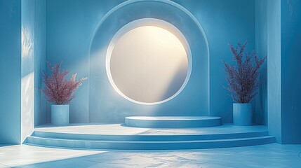 Poster - 3D render of a simple, minimalist blue and white background with two podiums. The background is blue, with light pastel colors.