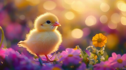 Poster - Fluffy Yellow Chick Among Spring Flowers