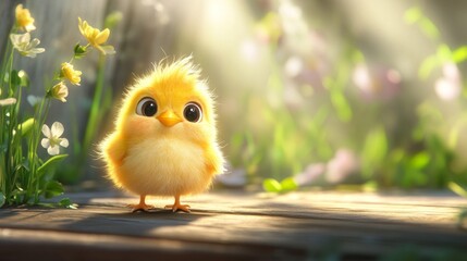 Poster - Adorable Yellow Chick Stands in Sunny Garden