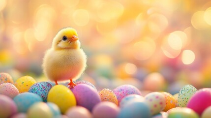 Wall Mural - A Fluffy Yellow Chick Stands on Easter Eggs