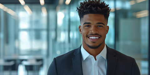 Wall Mural - Confident african male young adult professional smiling in office setting