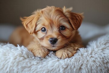 Wall Mural - cute little puppy resting on a soft pillow indoors, exuding warmth and comfort, a heartwarming scene that captures the joy of pet companionship