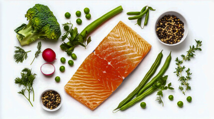 Canvas Print - Fresh salmon fillet with assorted vegetables and herbs on white background