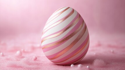 Wall Mural - Pink and white striped Easter egg on pink background