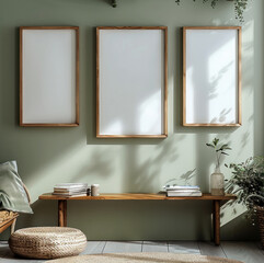 Fototapete - Three vertical wooden picture frames hang on a light olive green wall with a blank interior. Positioned at one-third of the height from the top, with a smaller wooden frame leaning against the wall.