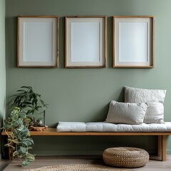 Fototapete - Three vertical wooden picture frames hang on a light olive green wall with a blank interior. Positioned at one-third of the height from the top, with a smaller wooden frame leaning against the wall.