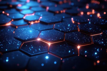 Wall Mural - futuristic abstract background featuring floating hexagons illuminated by blue neon lights, creating a dynamic sense of movement, digital and tech-inspired design