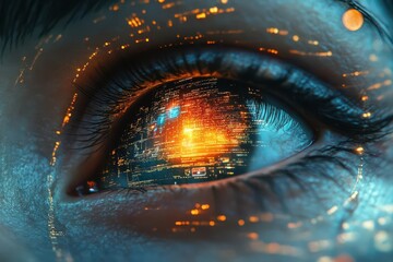 Wall Mural - futuristic cyborg eye blends human and robotic elements, showcasing intricate designs that represent personal internet security and advanced technology in a striking visual style