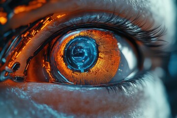 Wall Mural - futuristic cyborg eye blends human and robotic elements, showcasing intricate designs that represent personal internet security and advanced technology in a striking visual style