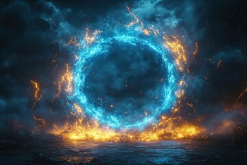 Wall Mural - glowing electric blue ring radiates vibrant lightning bolts against a dark backdrop, creating a mesmerizing sci-fi effect that evokes energy and dynamism
