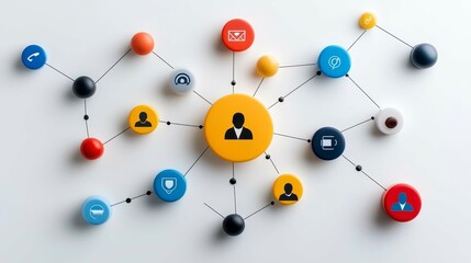 A network diagram illustrating connections and interactions among various icons and users.