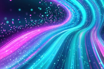 Poster - Abstract digital art of glowing neon light trails in vivid pink and blue hues with sparkling particles.