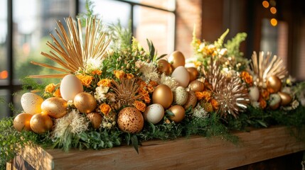 Elegant Easter centerpiece with gold and white eggs and flowers