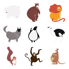 Wall Mural - Wild animals png colorful cute stickers doodle cartoon collection