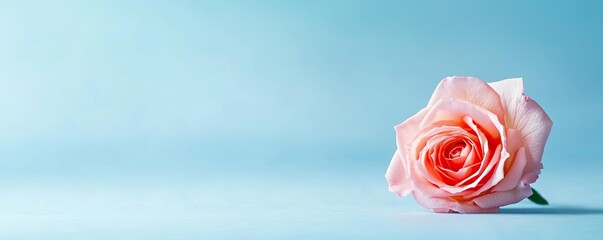 Fototapete - Pastel rose idea. A delicate pink rose against a soft blue backdrop, symbolizing beauty and elegance.