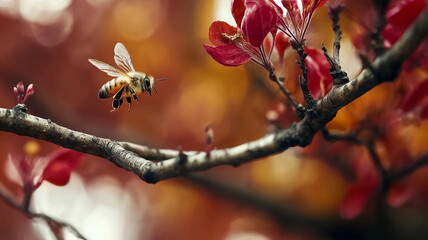 Wall Mural - Bee in flight in spring time.