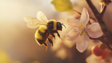 Wall Mural - Bee in flight in spring time.