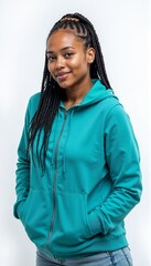 African American woman with braids in teal zip-up hoodie portrait. Modern casual wear for active lifestyle.