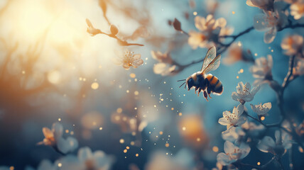 Wall Mural - Bee in flight in spring time.