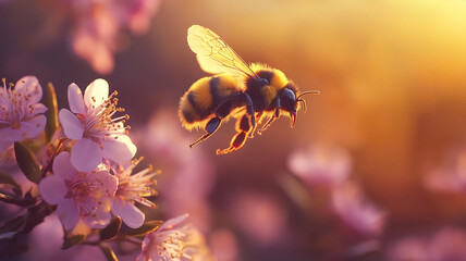 Wall Mural - Bee in flight in spring time.