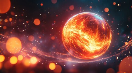 Wall Mural - a glowing orange ball of energy, floating in space and surrounded by swirling sparks and light beams