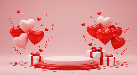 Happy valentines day podium decoration with heart shape balloon, gift box, confetti, 3D rendering illustration