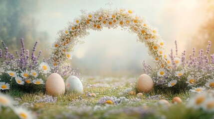 Poster - Easter eggs nestled in a daisy and lavender arch