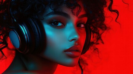 Wall Mural - Portrait of a beautiful woman with curly hair wearing headphones