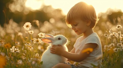 Poster - Child Gently Holds White Rabbit In Sunny Field