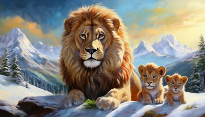 Wall Mural - Lion in the mountains with snow and lion cubs artwork design wallpaper