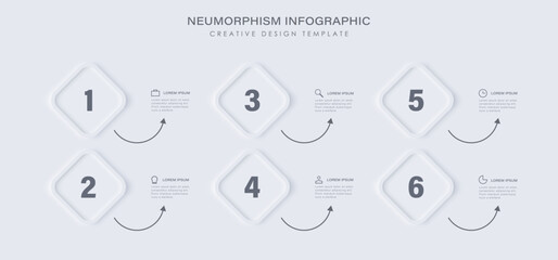Neomorphism design infographic, 6 step timeline illustration. Minimal clean design template