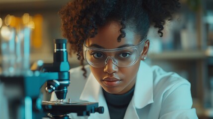 Wall Mural - in a well-equipped lab, a dedicated young female researcher peers intently through a microscope, ana