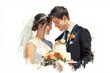 © Nakorn - Bride and groom celebrating wedding cake outdoor venue manga style romantic atmosphere close-up view slice of life concept