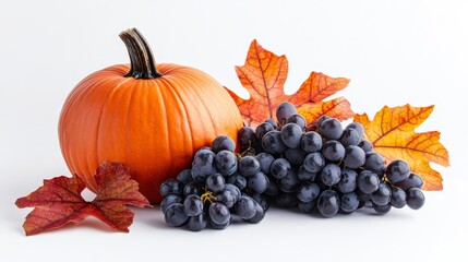 Sticker - Autumnal still life featuring a pumpkin and grapes, showcasing the essence of autumnal beauty. This autumnal still life is beautifully isolated against a white background, highlighting the colors.